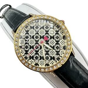 Betsey Johnson Womens 40mm Gold Tone Black Leather Watch - Has New Battery